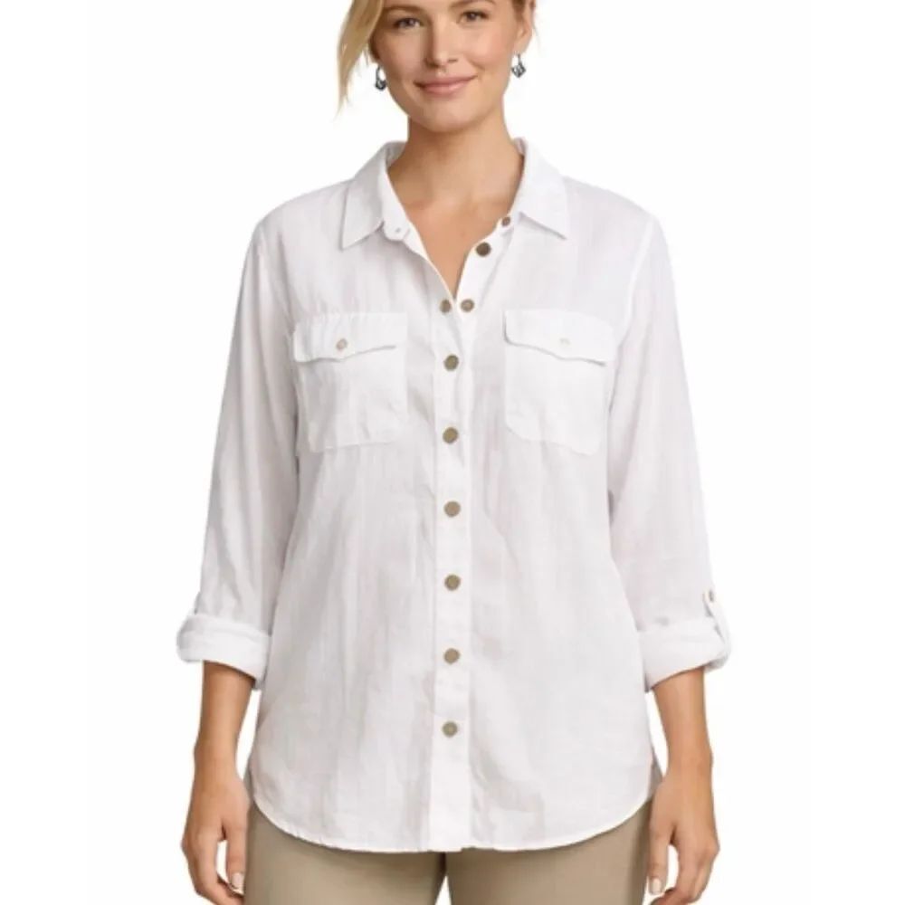 H&M white linen pocket front button down size medium